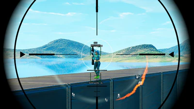 Fortnite scoped aim lock on a bot with hitbox overlay and range callout