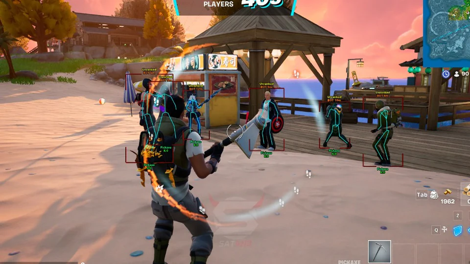 Fortnite beach zone gameplay with skeleton ESP and bot distance tags on nearby players