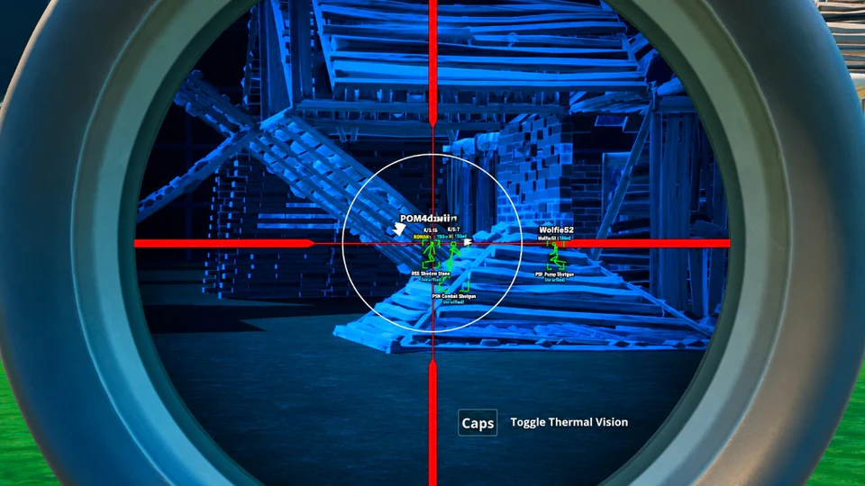 Fortnite sniper scope with thermal-style skeleton ESP on distant players